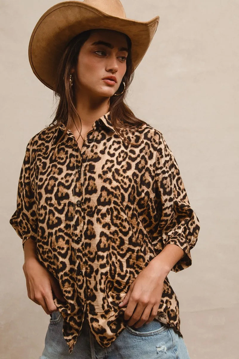 BiBi Leopard Prints Oversized Short Sleeves Top Tops