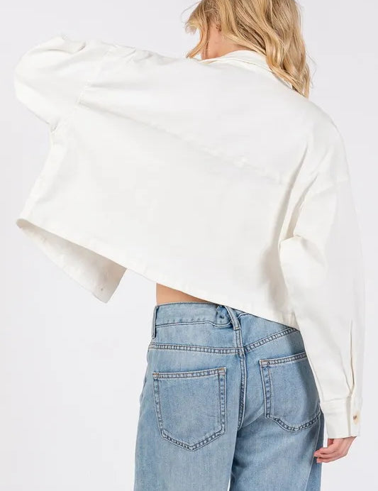 bytos Button Down Cropped Denim Jacket with Patch Pockets | Daverri Fashions