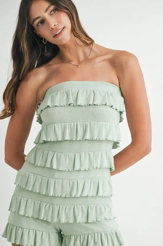 MABLE Pointelle Knit Fabric Ruffled Tube Romper Rompers