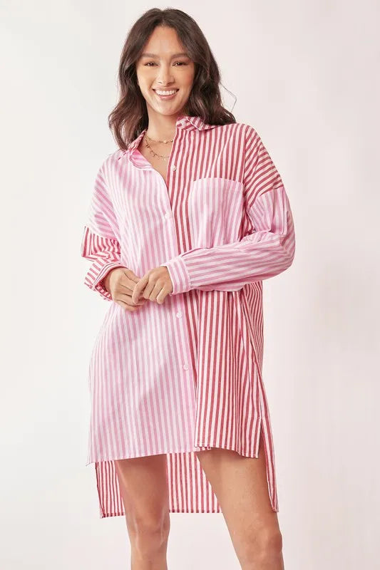 Davi & Dani Multi Color Stripe Mixed Button Front Tunic Shirt Dress Mini Dresses