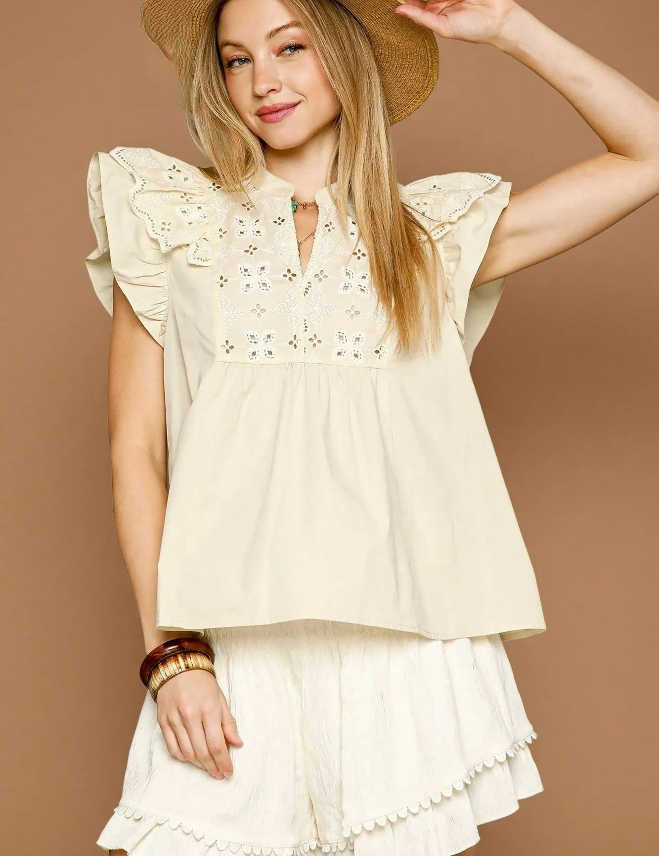 Umgee Eyelet Embroidered Ruffle Sleeve Blouse | Daverri Fashions