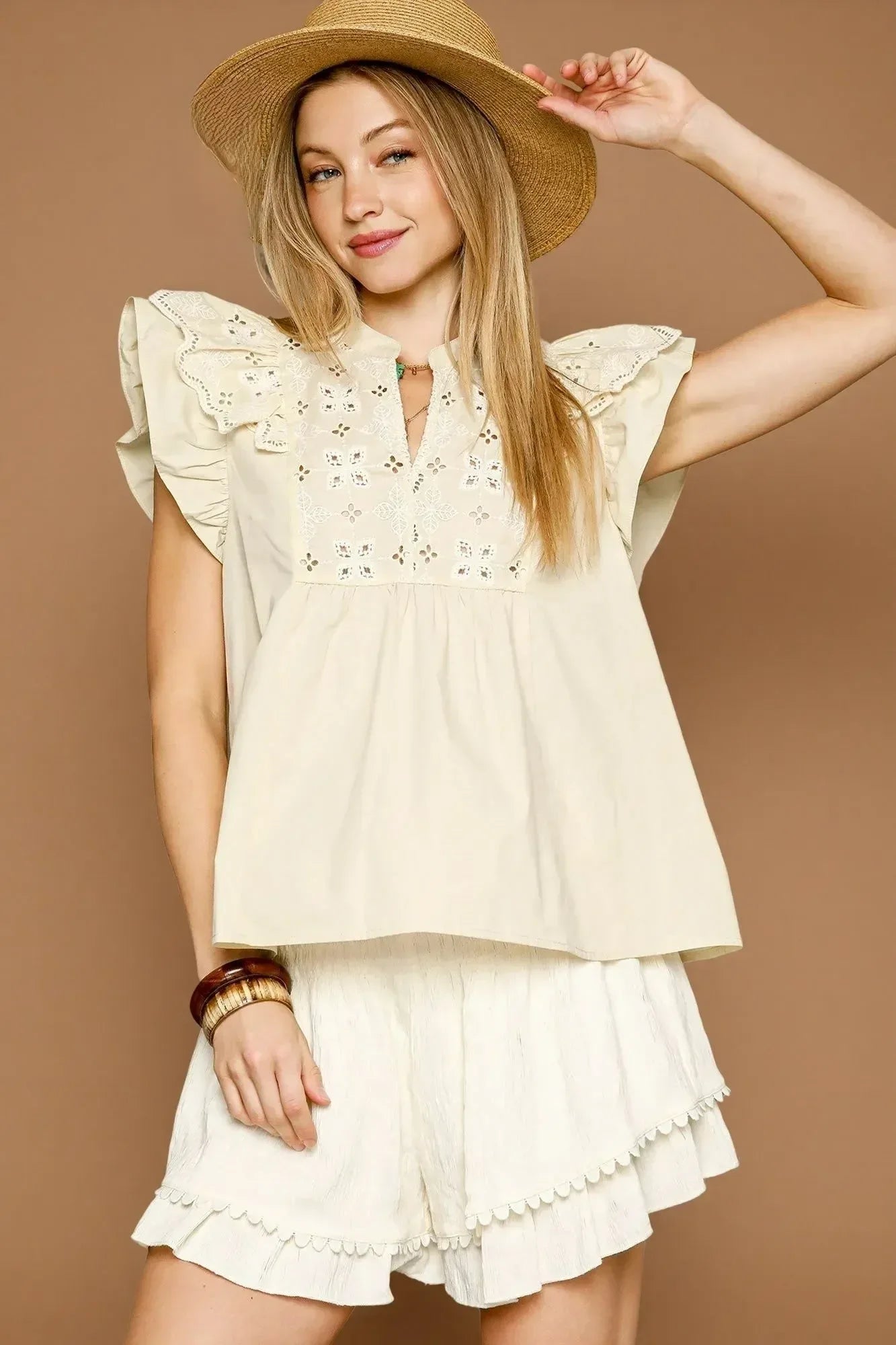 Umgee Eyelet Embroidered Ruffle Sleeve Blouse - DAVERRI FASHIONS