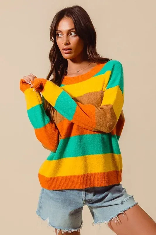 SO ME Multi Color Stripe Sweater with Ribbed Detail - DAVERRI FASHIONS