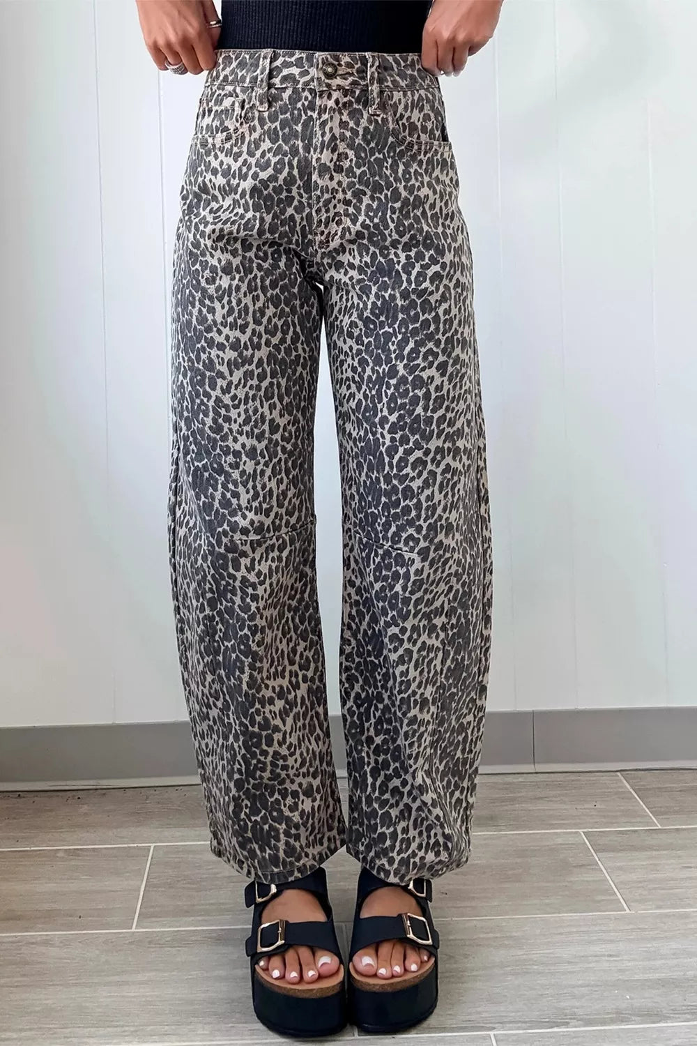 Daverri Leopard Print High Waist Barrel Jeans in muted gray black denim