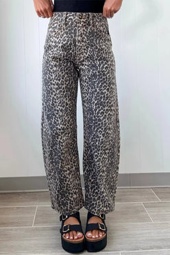 Daverri Leopard Print High Waist Barrel Jeans in muted gray black denim