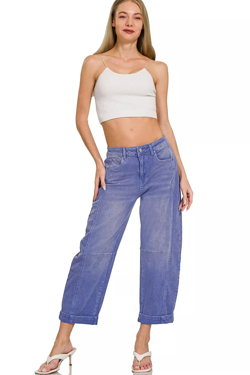 Zenana high rise barrel-leg cropped jeans in blue denim with wide-leg cut and rolled cuffs