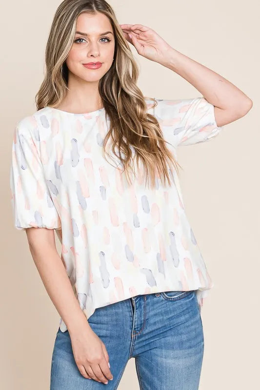 BOMBOM Round Neck Puff Short Sleeve Blouse Blush Pink