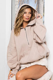 BiBi Stitch Detailed Elastic Hem Half Zip Fleece Hoodie Taupe | Hoodies Daverri Fashions