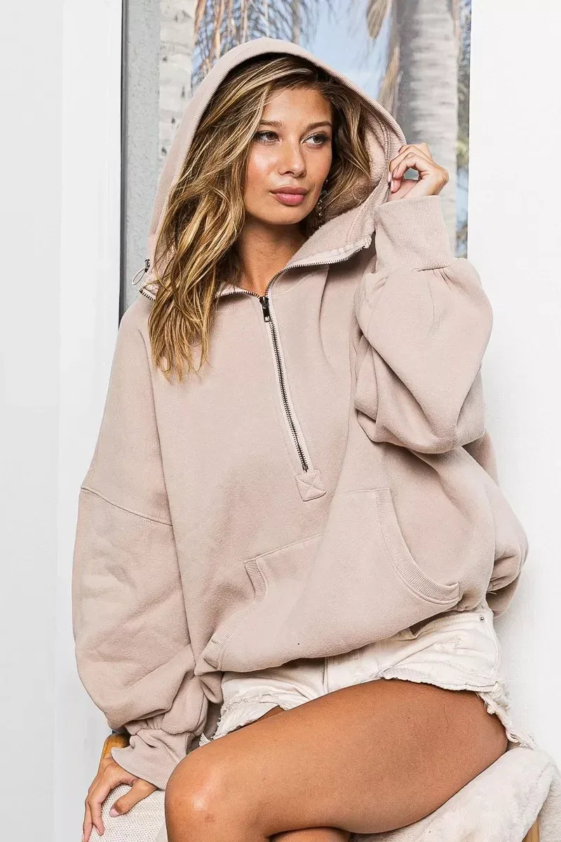 BiBi Stitch Detailed Elastic Hem Half Zip Fleece Hoodie Taupe - DAVERRI FASHIONS
