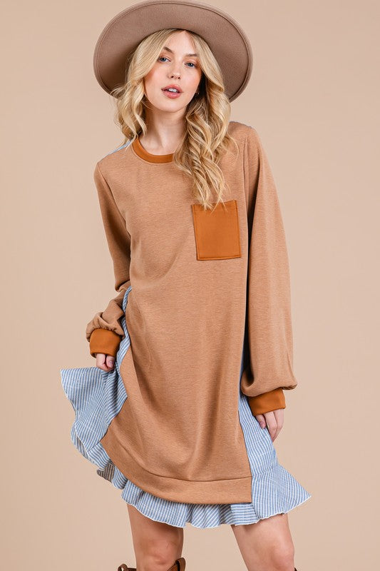 Ces Femme Striped Patchwork Round Neck Terry Sweatshirt Dress Sweatshirts