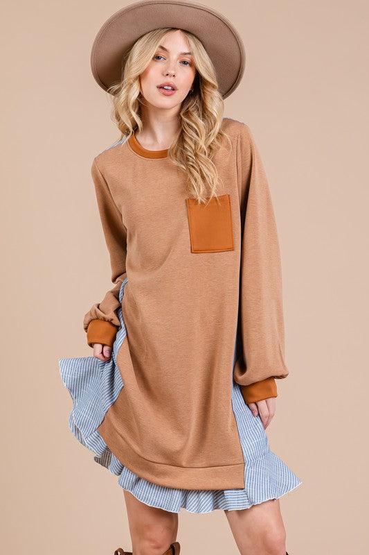 Ces Femme Striped Patchwork Round Neck Terry Sweatshirt Dress Sweatshirts