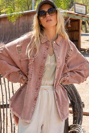 Powder Brick POL Button Down Raw Hem Distressed Shacket | Shackets Daverri Fashions
