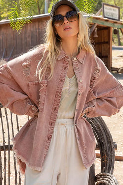 POL Button Down Raw Hem Distressed Shacket - DAVERRI FASHIONS