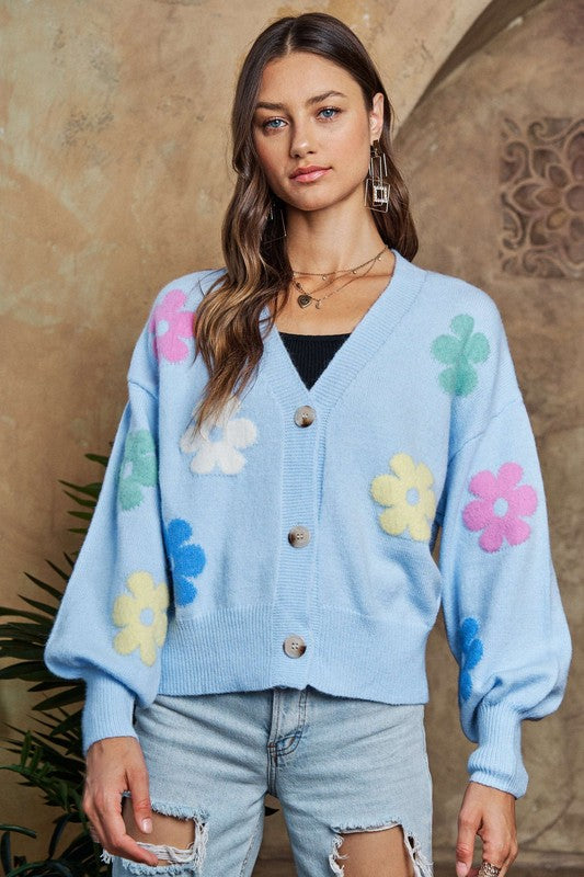 ADORA Flower Button Down Lantern Sleeve Cardigan Lt Blue