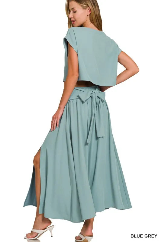 Zenana Heavy Woven Span Crop Tee & Skirt Set Outfit Sets