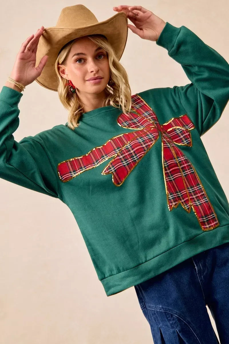 BiBi Plaid Ribbon Bow Detail Christmas Fleece Pullover - DAVERRI FASHIONS
