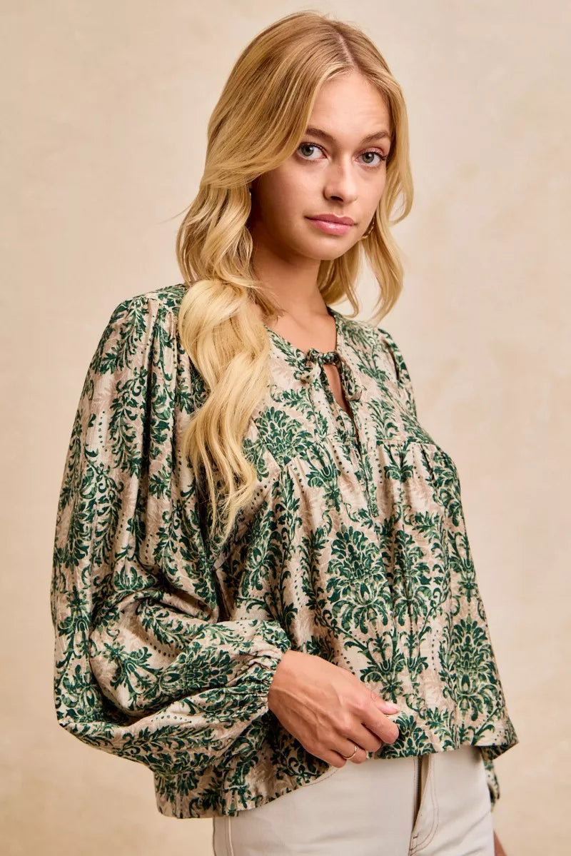 BiBi Printed Woven Front Tied Blouse with Baloon Sleeve | Blouses Daverri Fashions