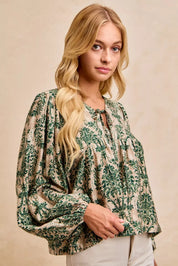 BiBi Printed Woven Front Tied Blouse with Baloon Sleeve | Blouses Daverri Fashions