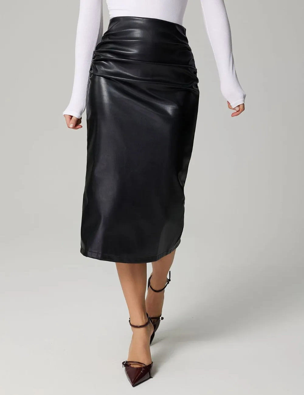 Black Faux Leather Slit Back Ruched Midi Skirt | Midi Skirts Daverri Fashions