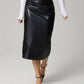 Faux Leather Slit Back Ruched Midi Skirt - DAVERRI FASHIONS