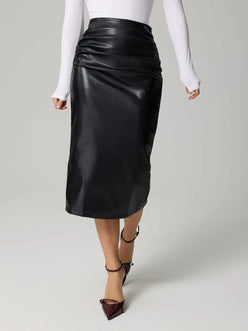Faux Leather Slit Back Ruched Midi Skirt - DAVERRI FASHIONS