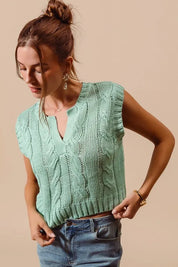 SO ME Notched Neck Cable Knit Sweater Vest | Sweaters Daverri Fashions
