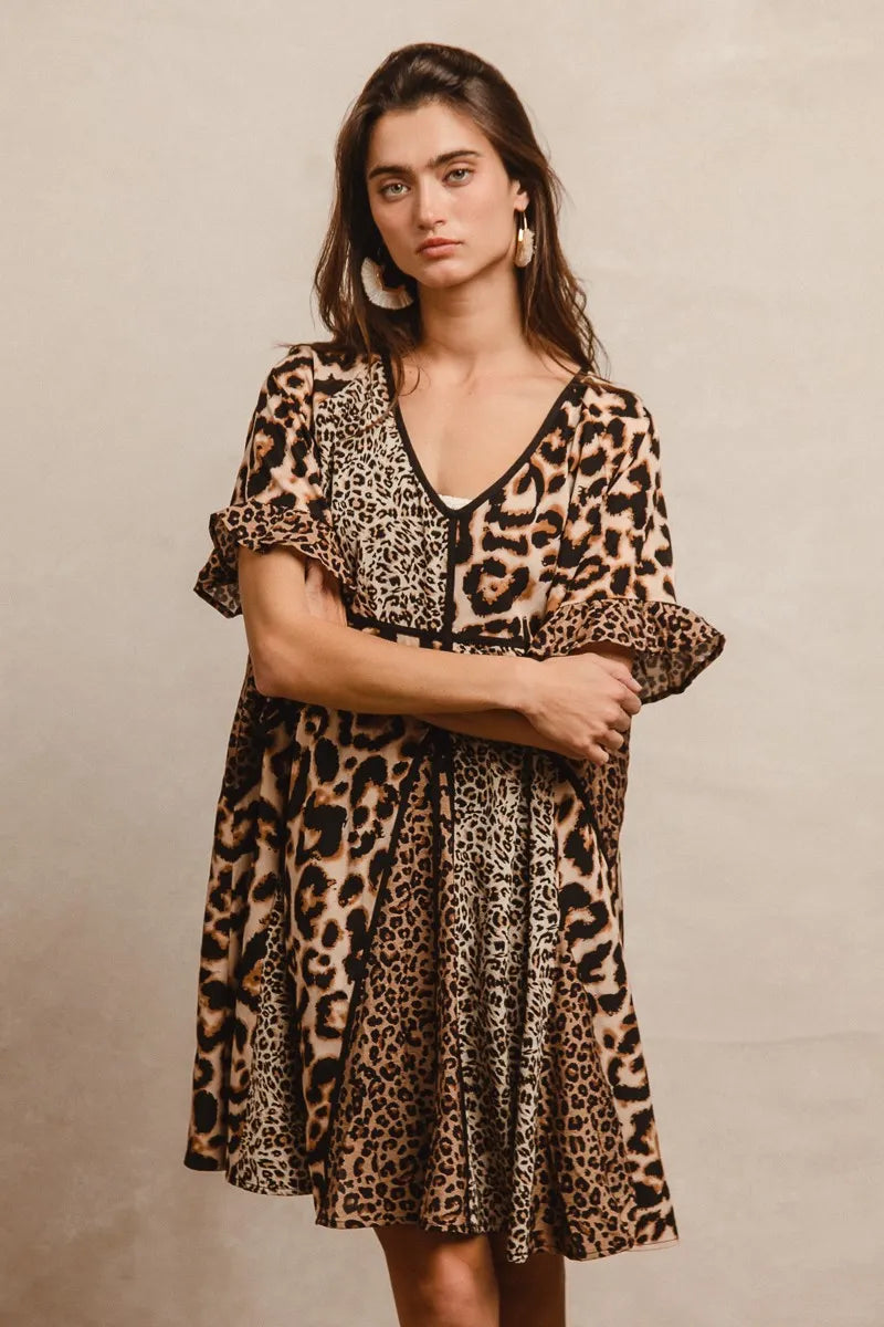 BiBi Leopard Prints Mix and Match Short Sleeves Dress Mini Dresses