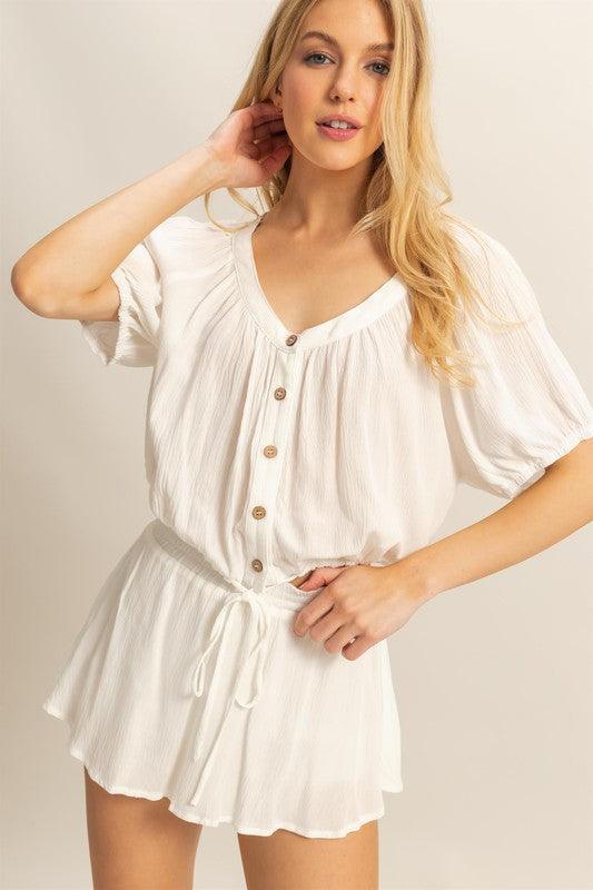 HYFVE Drawstring Hem Short Sleeve Top and Skort Set Off White Outfit Sets