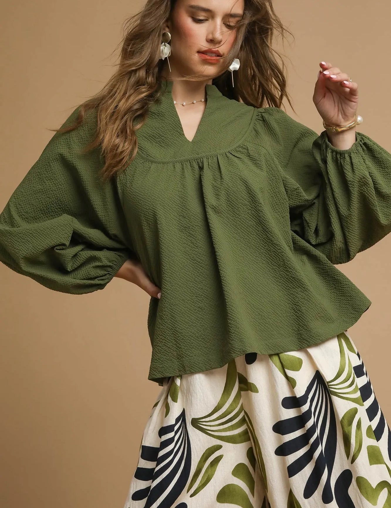 OLIVE M Umgee Textured Notched Blouse with Balloon Sleeves Olive | Blouses Daverri Fashions
