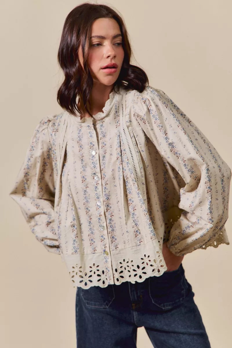 SO ME Floral Print Lace Button Down Shirt | Daverri Fashions