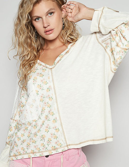 POL Floral Crochet Patch V-Neck Top Ivory