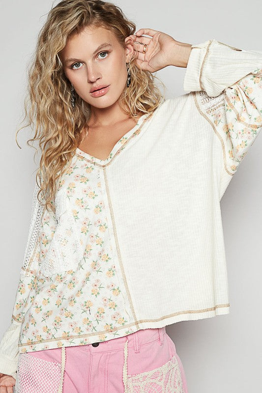 POL Floral Crochet Patch V-Neck Top Ivory Tops