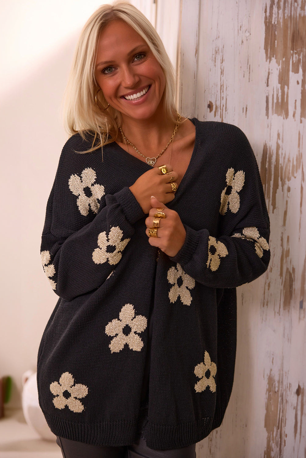 Orange Floral Print Knitted Open Front Loose Cardigan | Cardigans Daverri Fashions