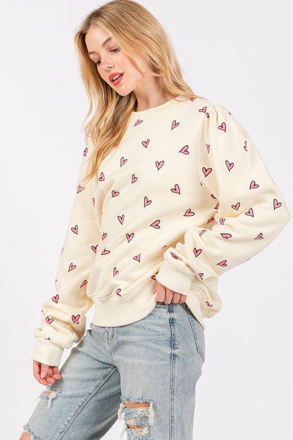SAGE + FIG Heart Printed Contrast Long Sleeve Sweatshirt - DAVERRI FASHIONS