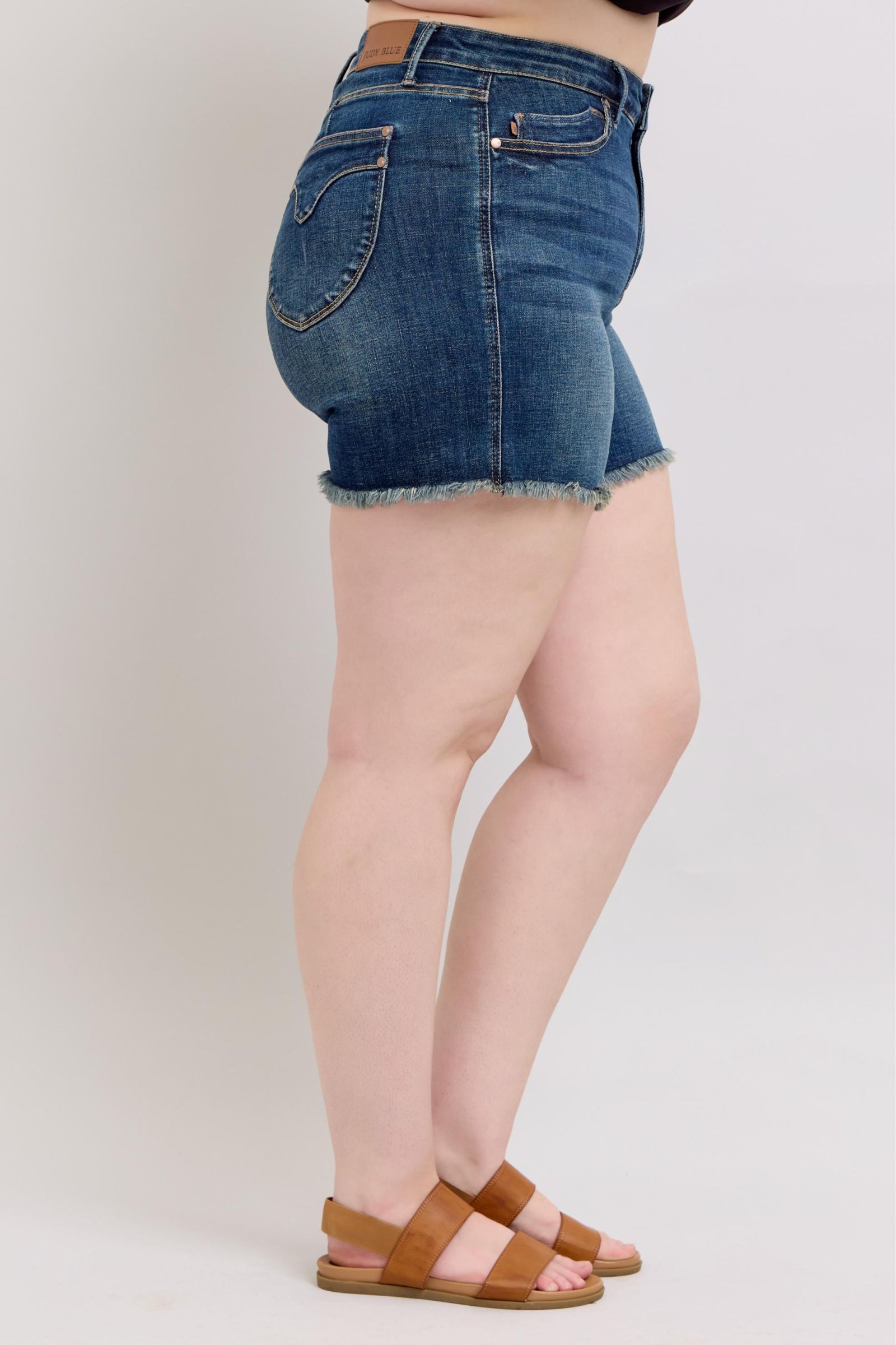 Judy Blue Tummy Control Fray Hem & Shield Back Pockets Denim Shorts