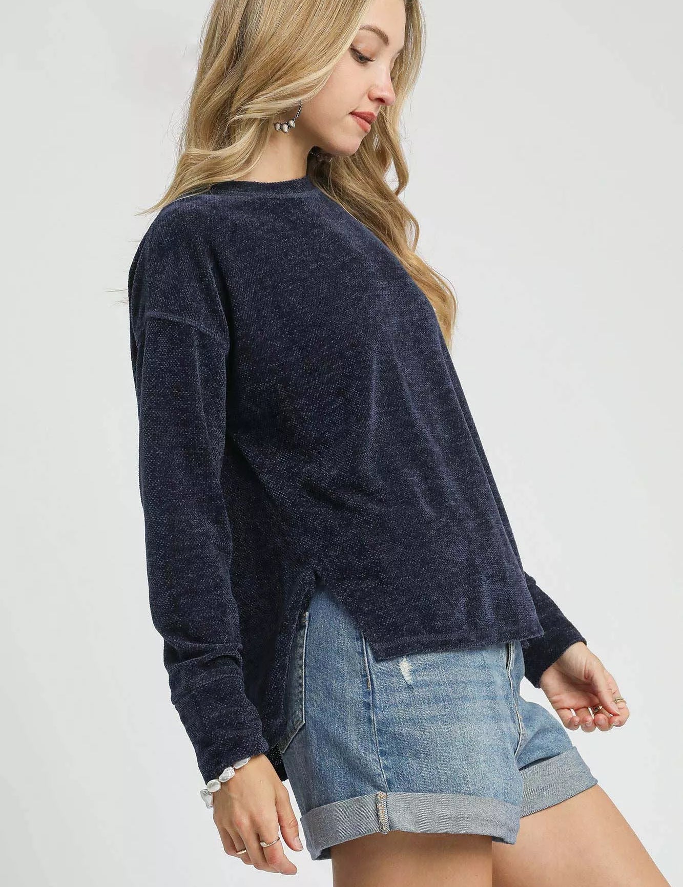 Umgee Round Neck Long Sleeve Side Slit Top | Knit Tops Daverri Fashions