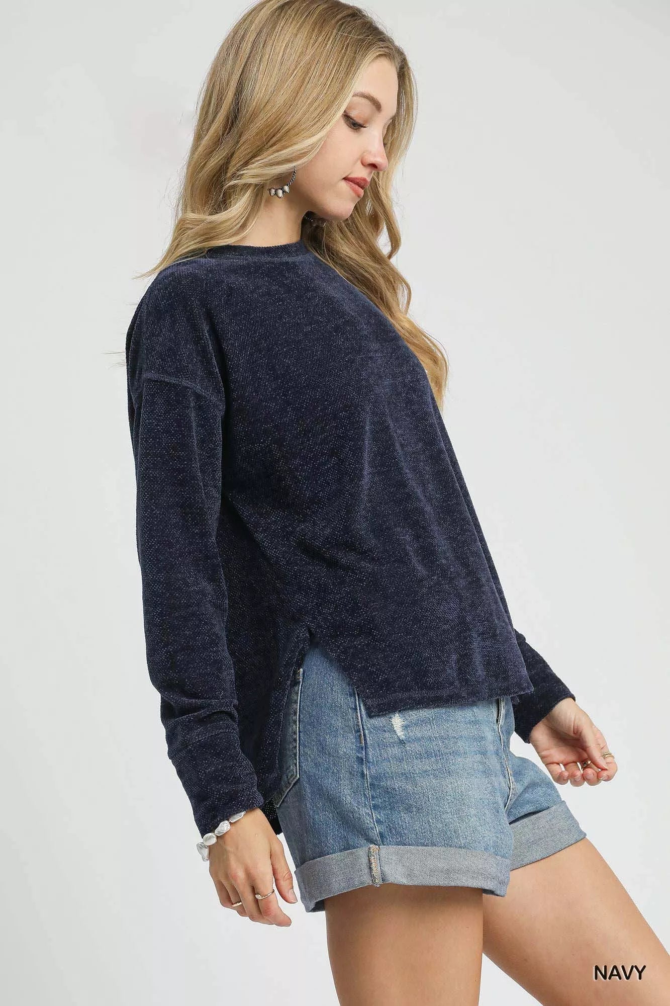 Umgee Round Neck Long Sleeve Side Slit Top | Knit Tops Daverri Fashions