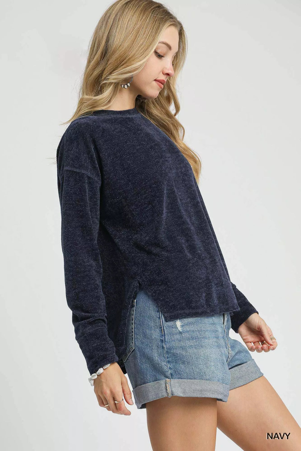 Umgee Round Neck Long Sleeve Side Slit Top | Knit Tops Daverri Fashions