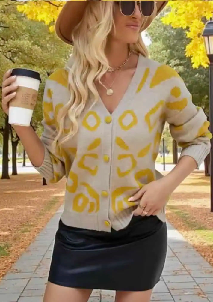 Leopard Print V-neck Long Sleeve Button Down Cardigan | Cardigans Daverri Fashions
