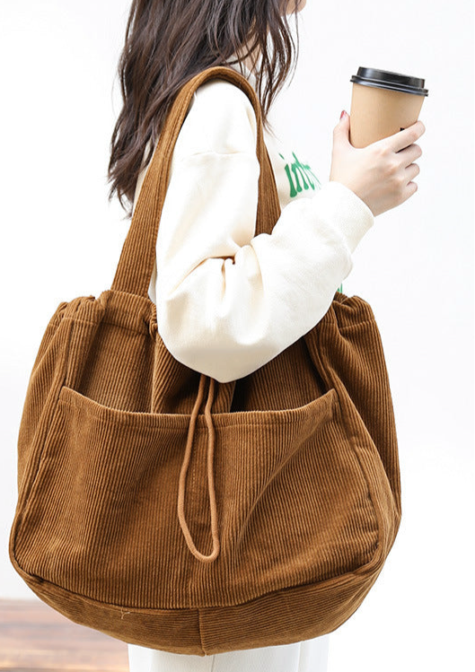 Drawstring Multi-pocket Corduroy Shoulder Bag | Handbags Daverri Fashions