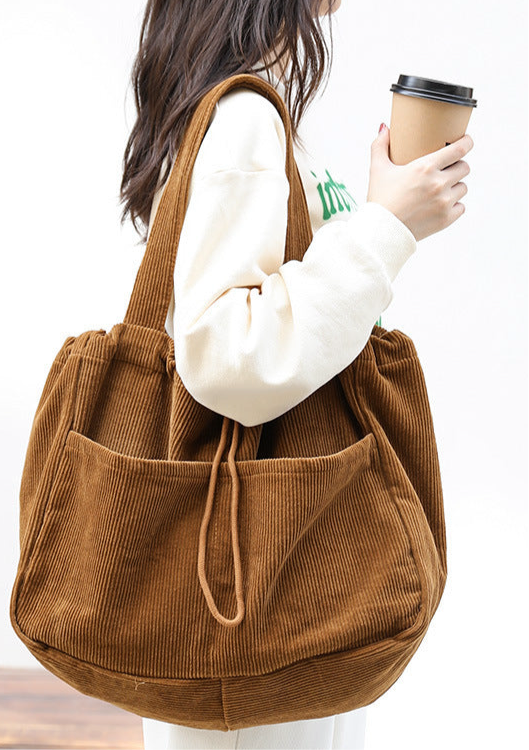 Drawstring Multi-pocket Corduroy Shoulder Bag | Handbags Daverri Fashions