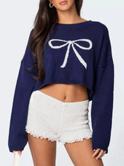 Bow Round Neck Cropped Sweater | Sweaters Daverri Fashions