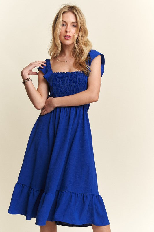 ADORA Smocked Square Neck Ruffled Cap Sleeve Dress Royal Blue Dresses