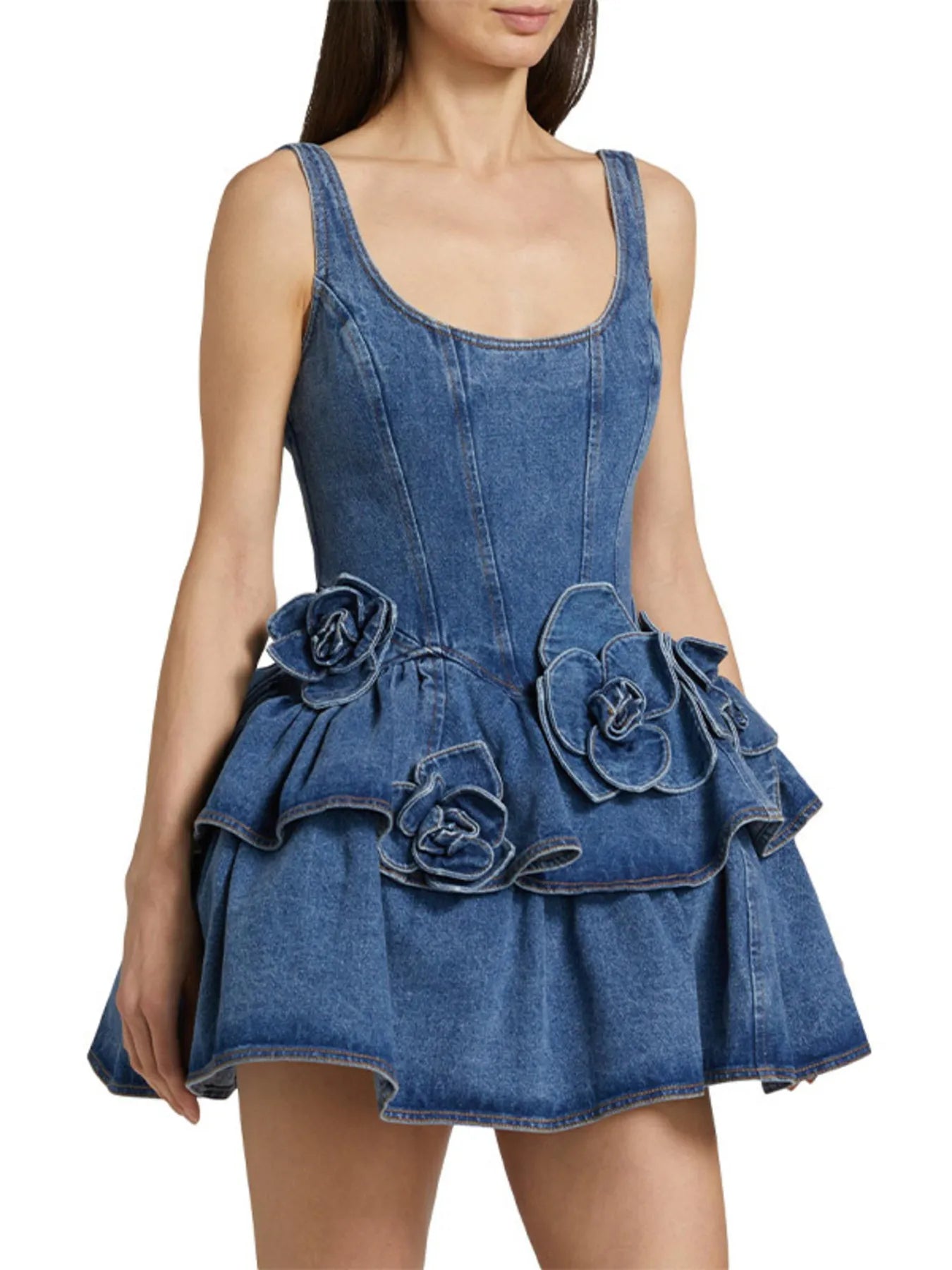 Ruffled Layered Scoop Neck Denim Dress | Daverri Fashions