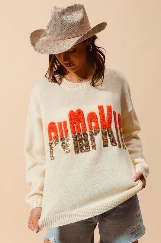 SO ME Contrast Sequin Pumpkin Slogan Sweater Top Sweaters