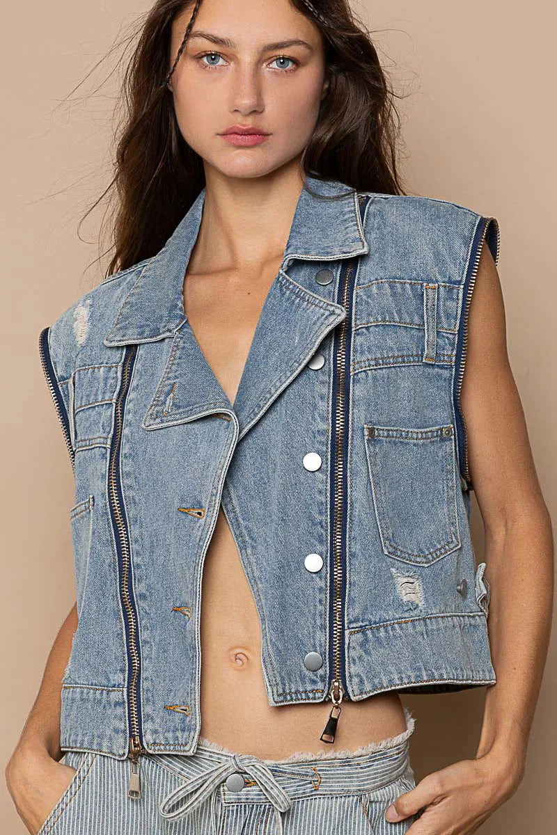 POL Cropped Denim Jacket with Functional Zipper Detail Denim Jackets
