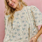 SO ME floral print lace trim flutter sleeves blouse in cream with blue embroidery