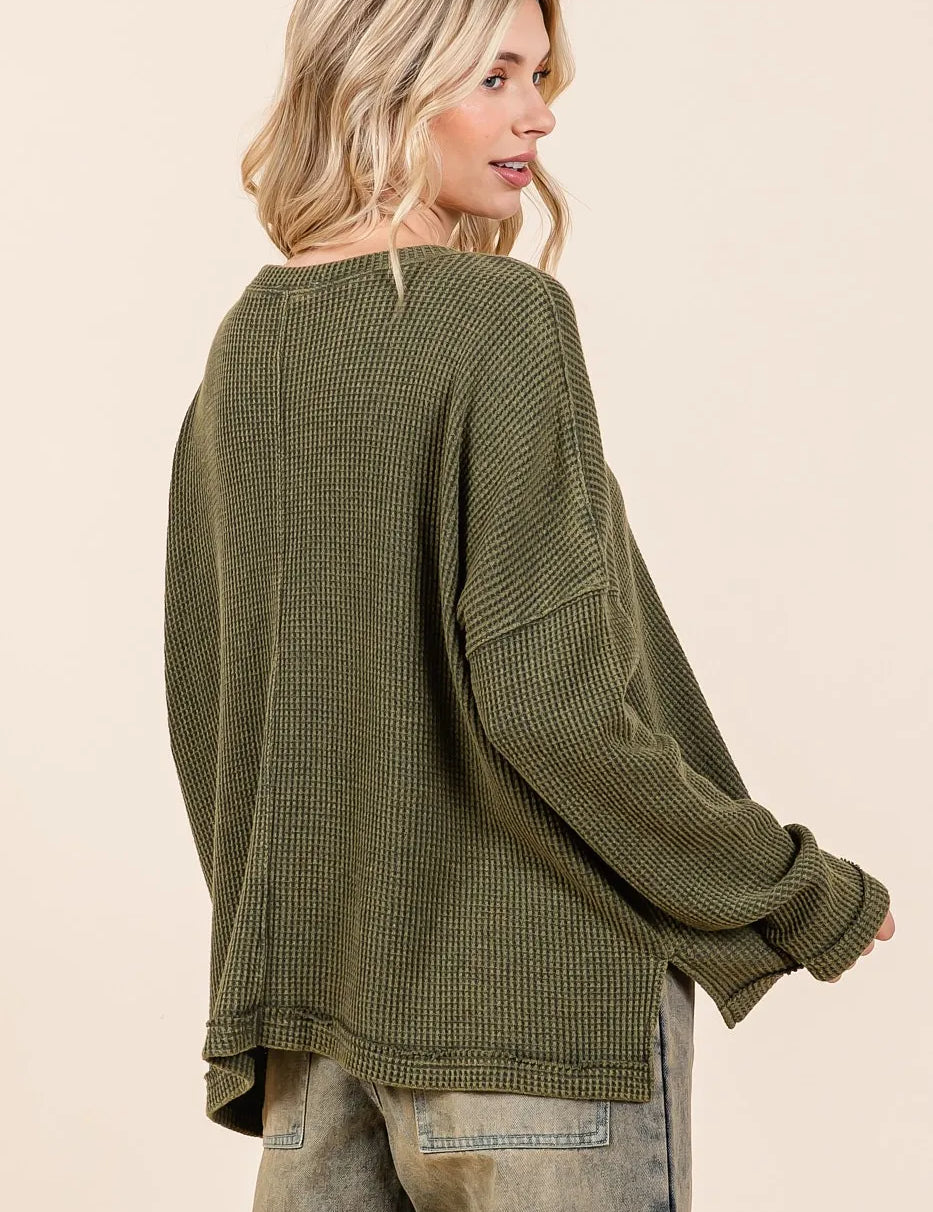 Mittoshop Mineral Wash Cutout Pocket Long Sleeve Waffle Top | Tops Daverri Fashions