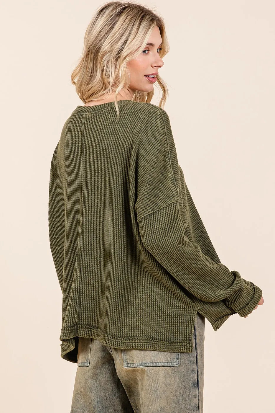 Mittoshop Mineral Wash Cutout Pocket Long Sleeve Waffle Top | Tops Daverri Fashions