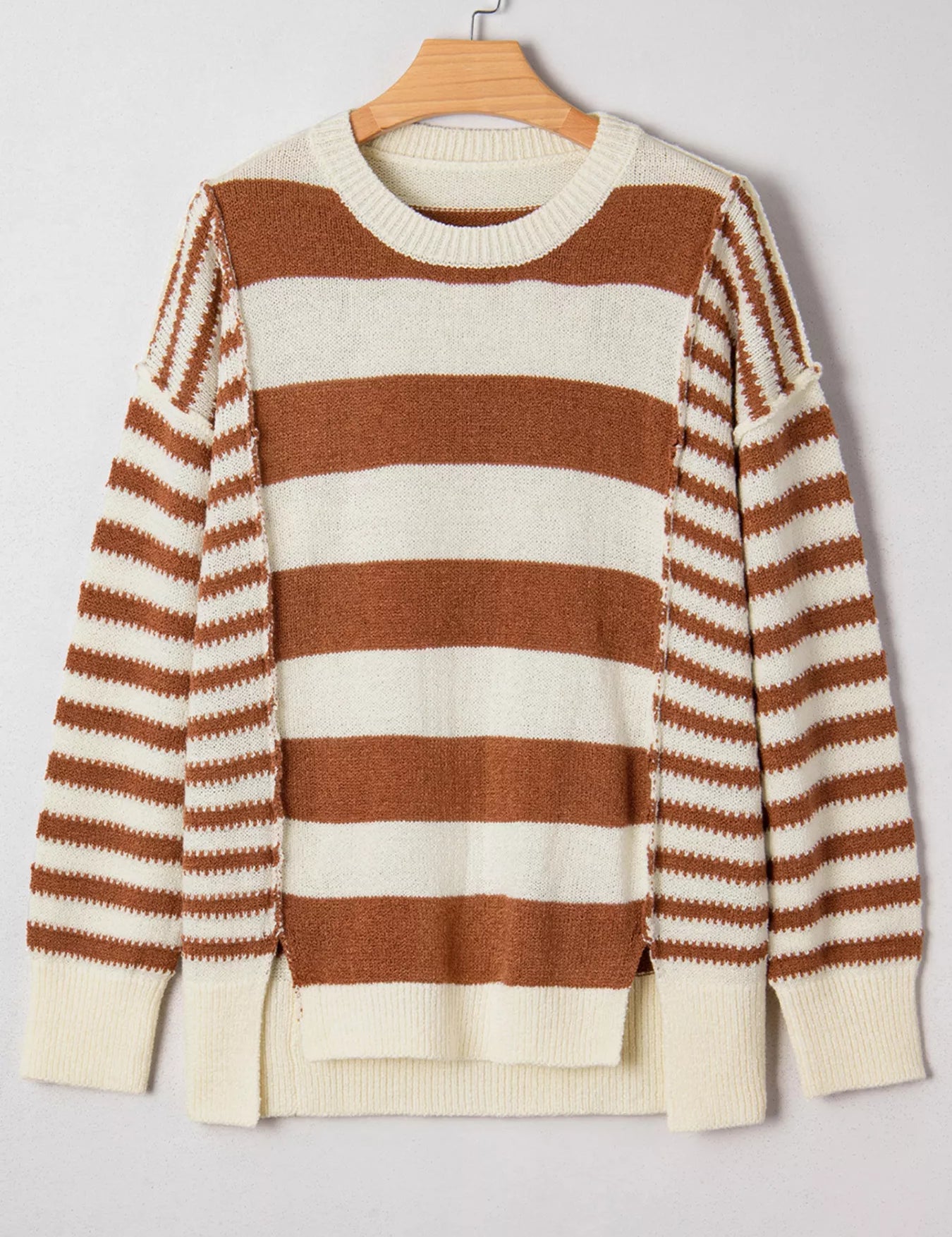Brown and cream striped drop shoulder baggy wool sweater with ribbed cuffs